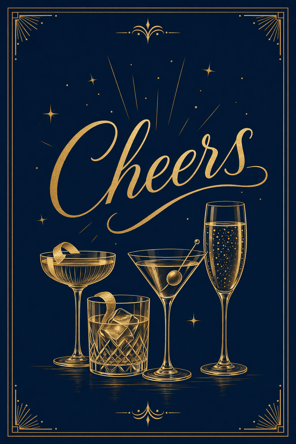 Greeting Card 10 — Cheers Navy and Gold Cocktails